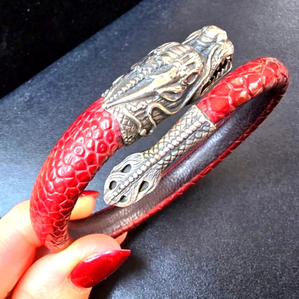Slver And Red reptile leather and  Dragon Bracelet